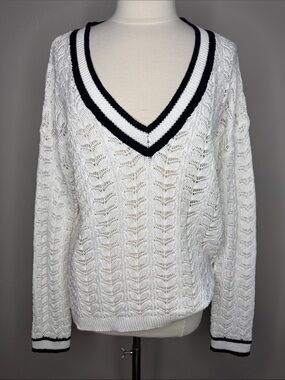 Flat White V-Neck Cable Knit Sweater - White with Black Trim